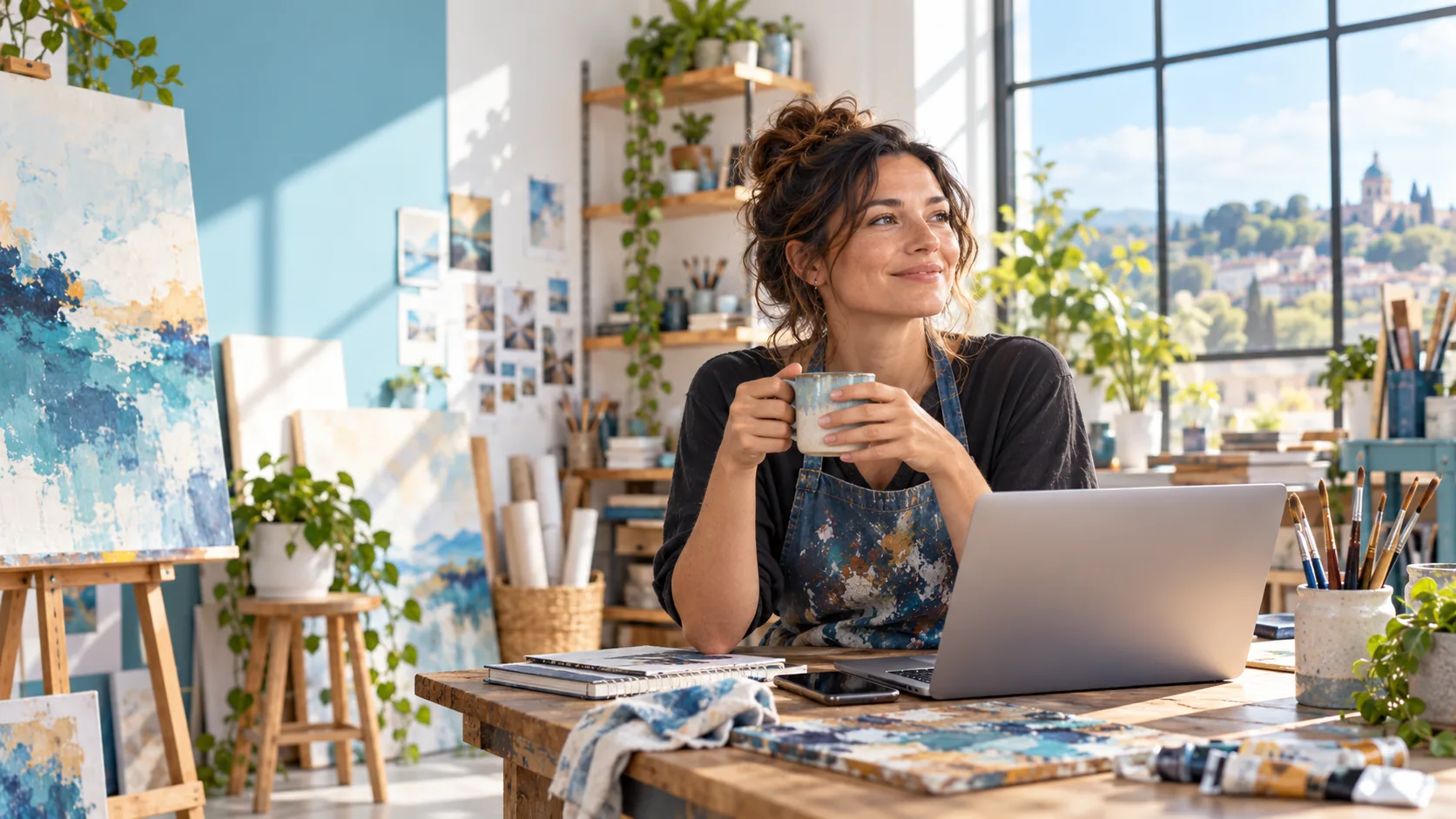 Artist working in a bright studio.
