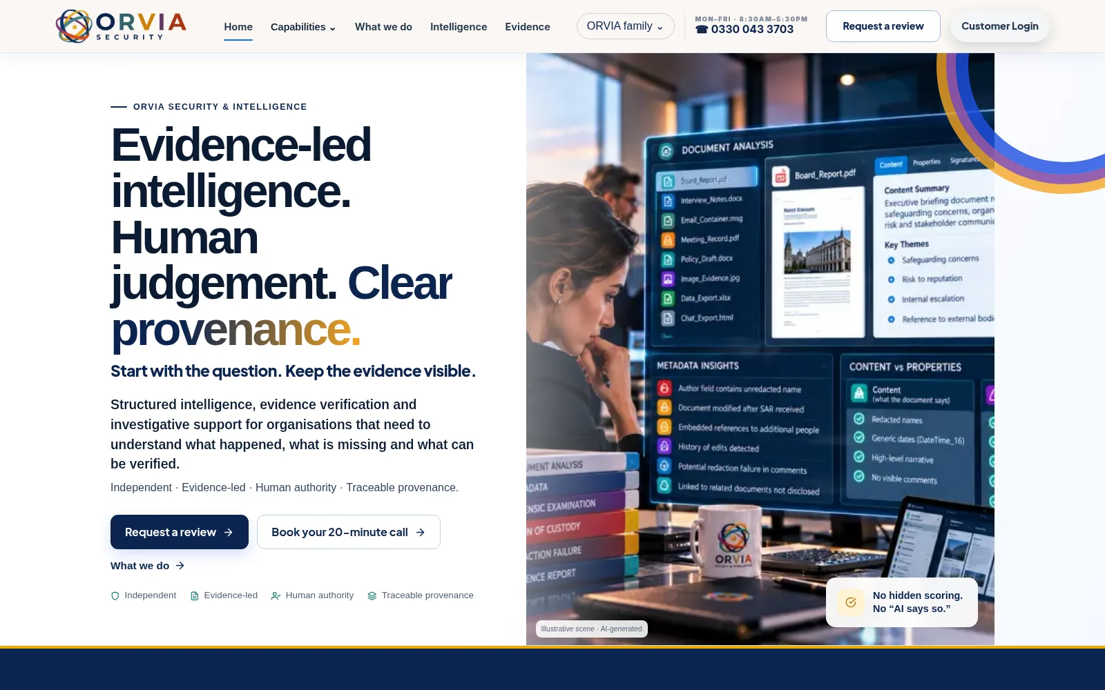 Screenshot of the ORVIA Security & Intelligence website.