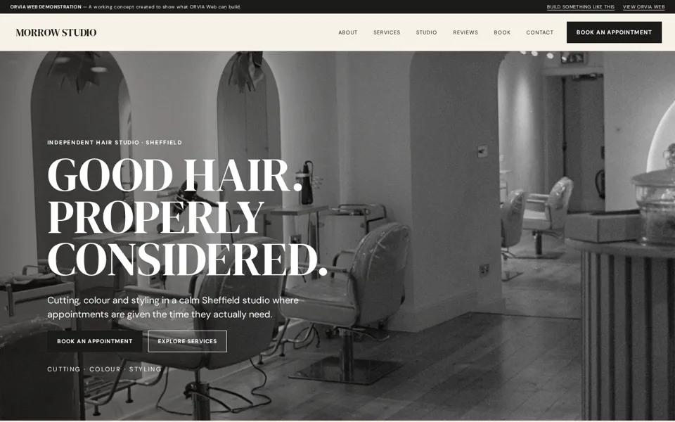 Screenshot of the ORVIA Web business demonstration site for an independent hair studio.