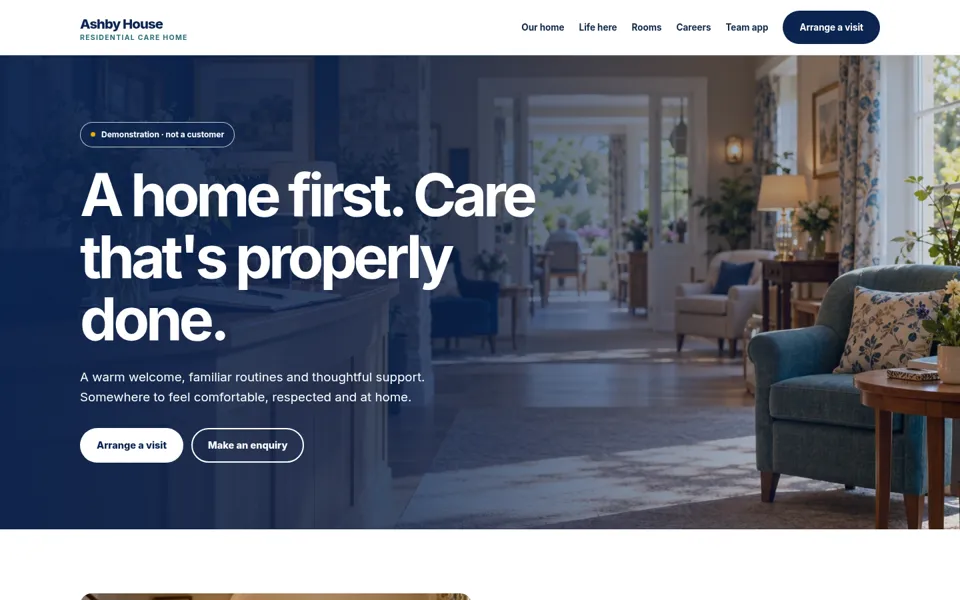 Screenshot of the ORVIA Web demonstration care home website, Ashby House.