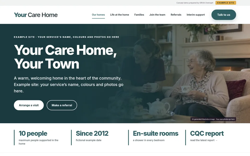 Screenshot of the ORVIA Web example care-service website, Your Care Home.