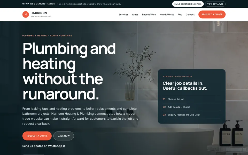 Screenshot of the ORVIA Web trade demonstration site for a heating and plumbing business.