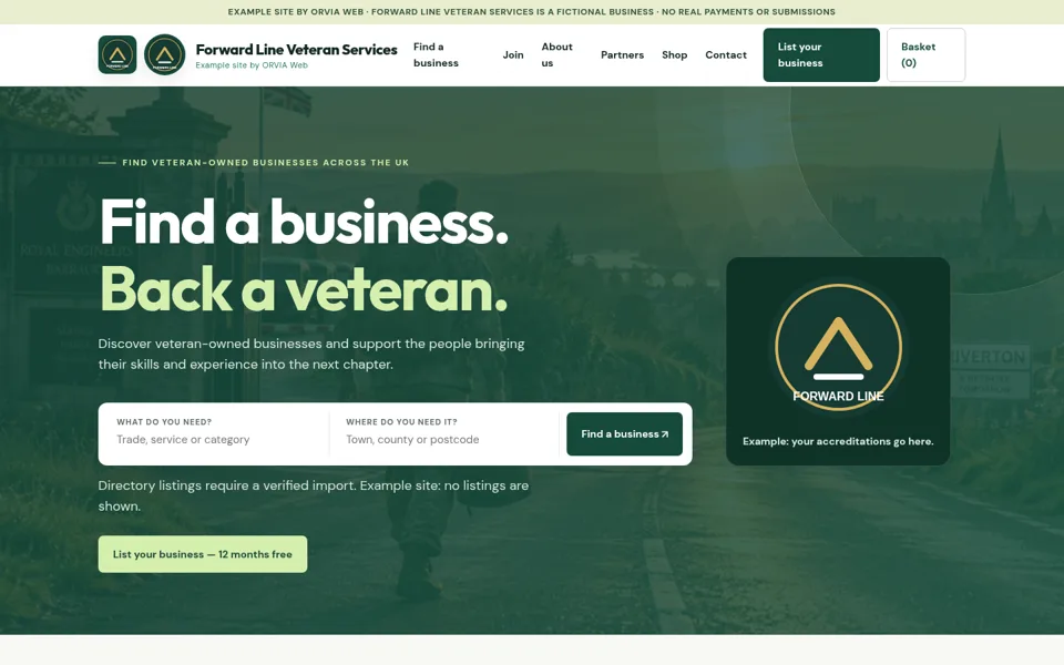 Screenshot of the ORVIA Web example veteran business directory website, Forward Line Veteran Services.