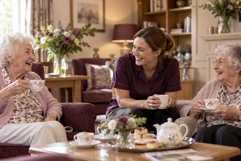 A carer and an older resident sharing tea in a care home lounge (AI-generated illustrative image).