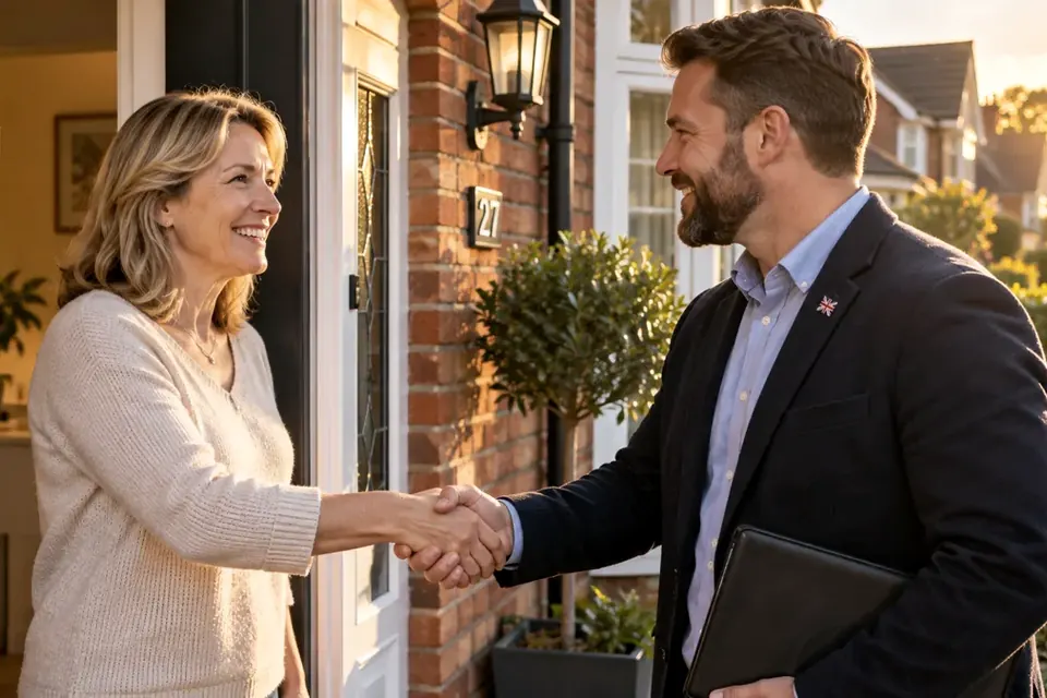 Two people shaking hands outside a front door (AI-generated illustrative image).