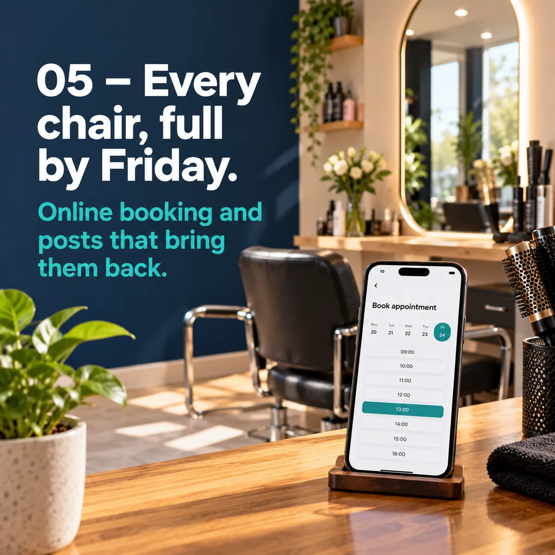 Example social post: navy panel with the headline “05 – Every chair, full by Friday.” and the line “Online booking and posts that bring them back.”