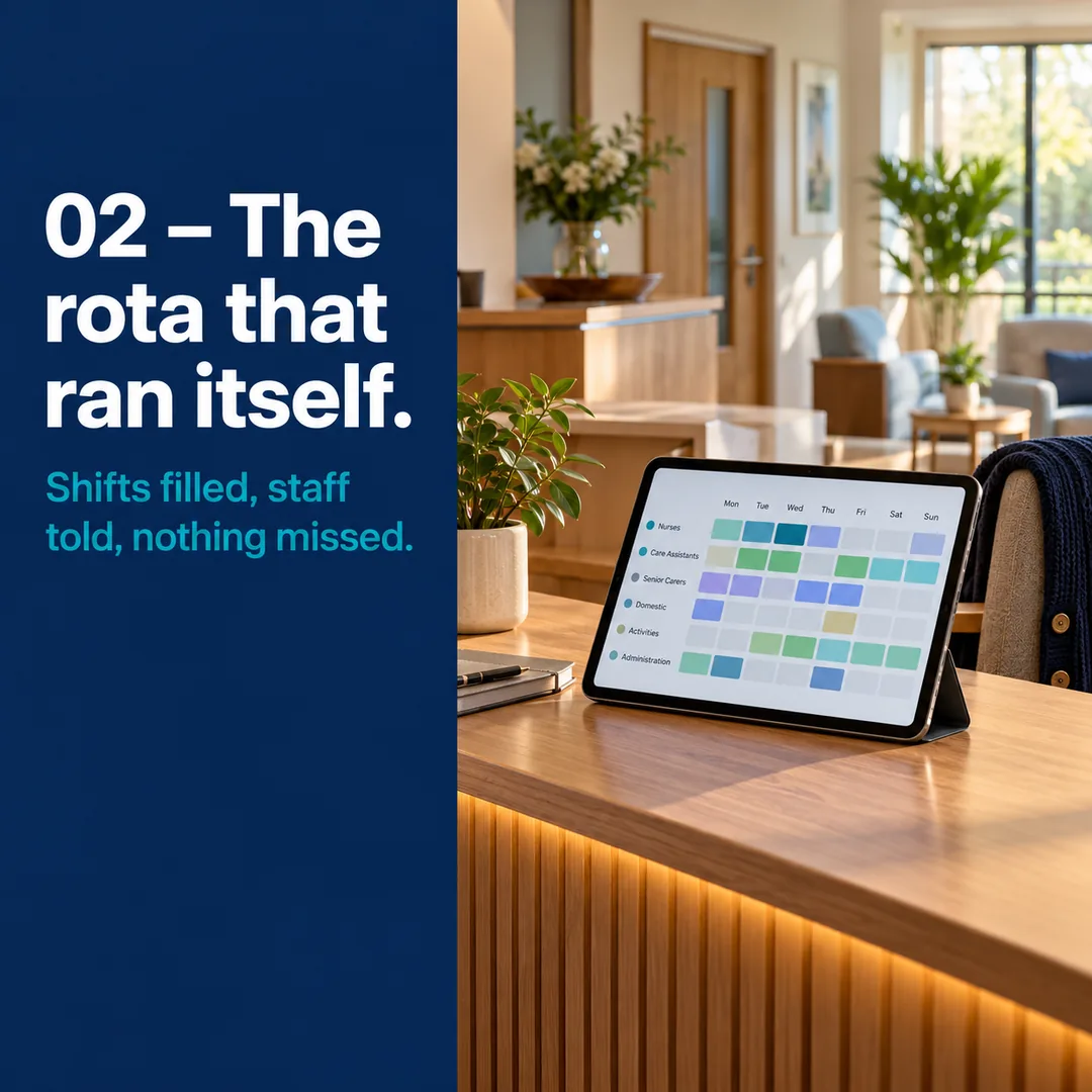 Example social post: navy panel with the headline “02 – The rota that ran itself.” and the line “Shifts filled, staff told, nothing missed.”