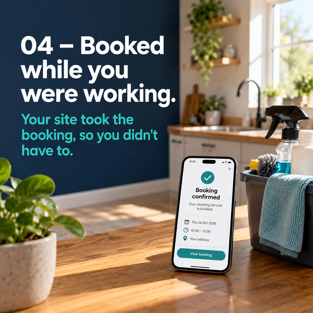 Example social post: navy panel with the headline “04 – Booked while you were working.” and the line “Your site took the booking, so you didn’t have to.”
