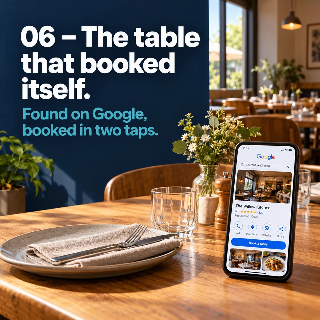Example social post: navy panel with the headline “06 – The table that booked itself.” and the line “Found on Google, booked in two taps.”