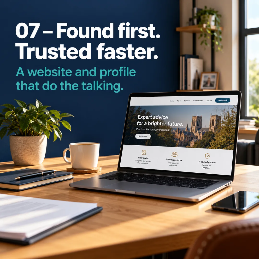 Example social post: navy panel with the headline “07 – Found first. Trusted faster.” and the line “A website and profile that do the talking.”