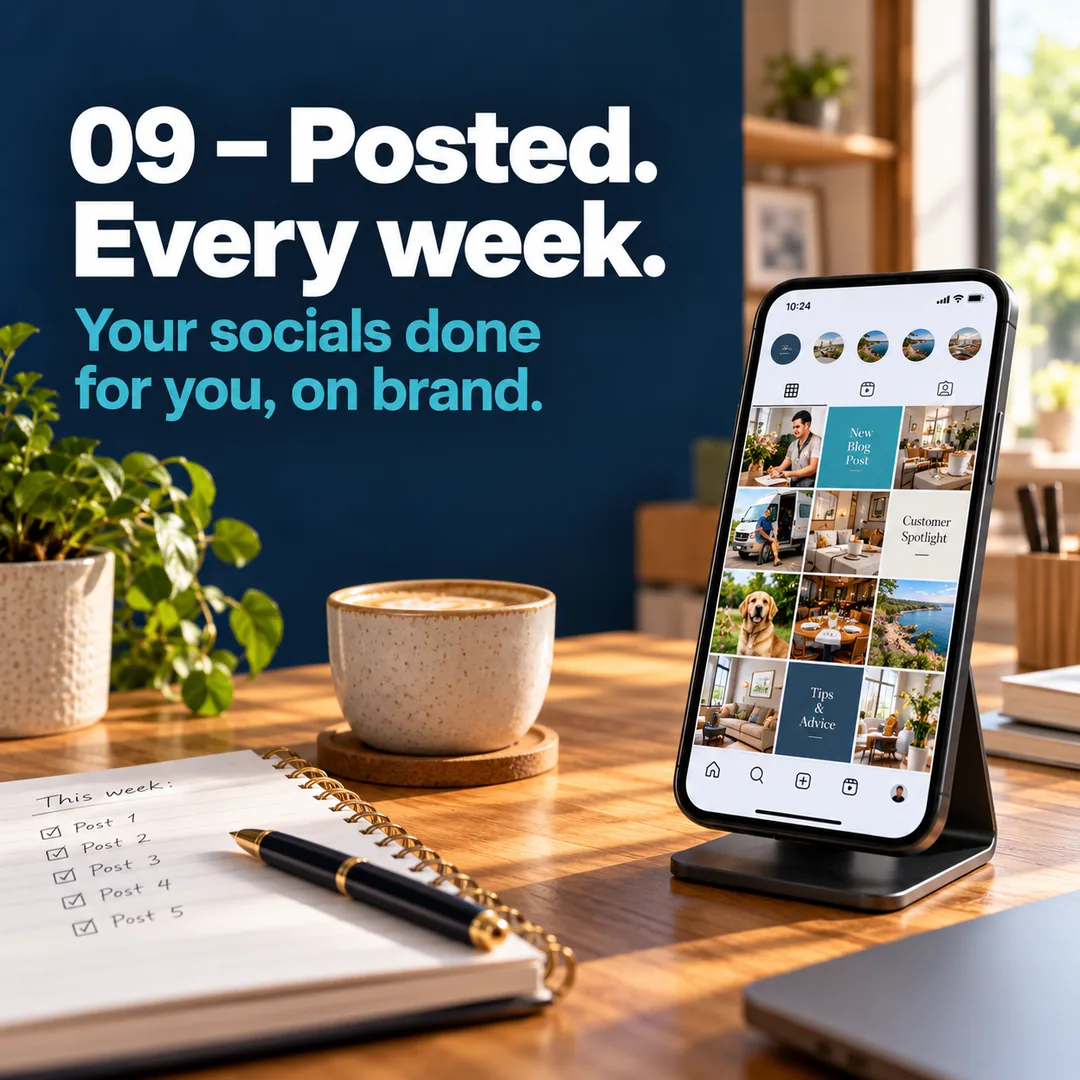 Example social post: navy panel with the headline “09 – Posted. Every week.” and the line “Your socials done for you, on brand.”