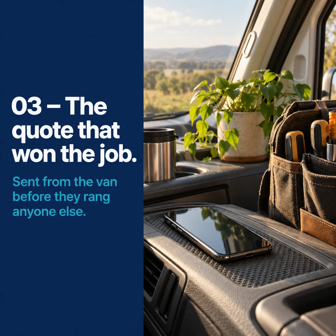 Example social post: navy panel with the headline “03 – The quote that won the job.” and the line “Sent from the van before they rang anyone else.”