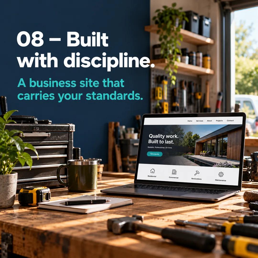 Example social post: navy panel with the headline “08 – Built with discipline.” and the line “A business site that carries your standards.”