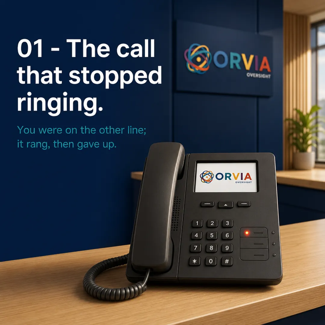 Example social post: navy panel with the headline “01 – The call that stopped ringing.” and the line “You were on the other line; it rang, then gave up.”